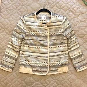 Anthropologie brand Parker - tweed cream, black zip blazer